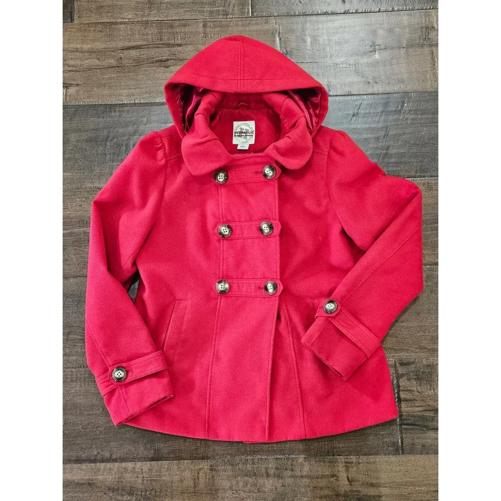 Y2K Cozy Core Mall Goth Red Hooded Pea Coat Double Breasted Fleece Jacket M